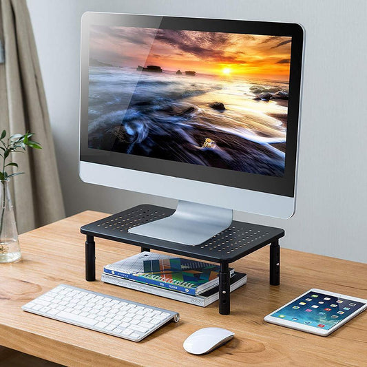 Height Adjustable Desk Monitor & Laptop Stand – Mesh Cooling Rack (Black, Adjustable Levels)