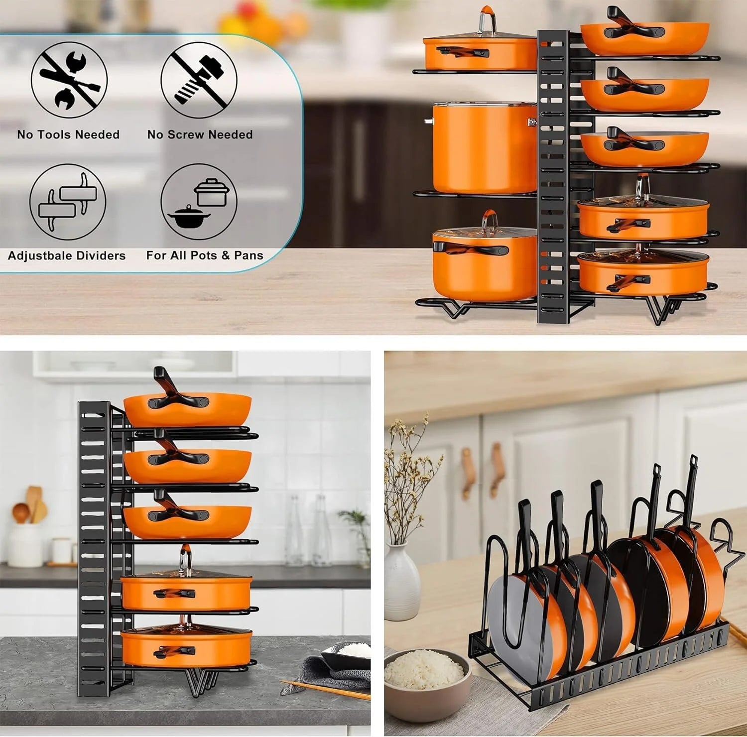 Black metal cookware organizer for kitchen cabinets