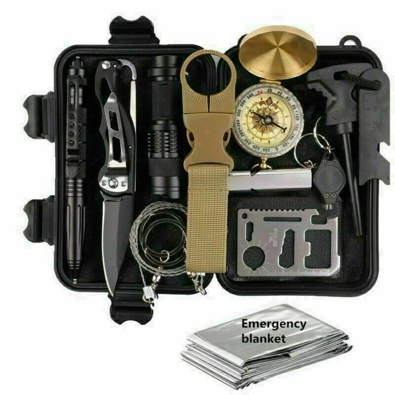 Compact 14-in-1 outdoor emergency survival kit with tactical tools in a waterproof case.