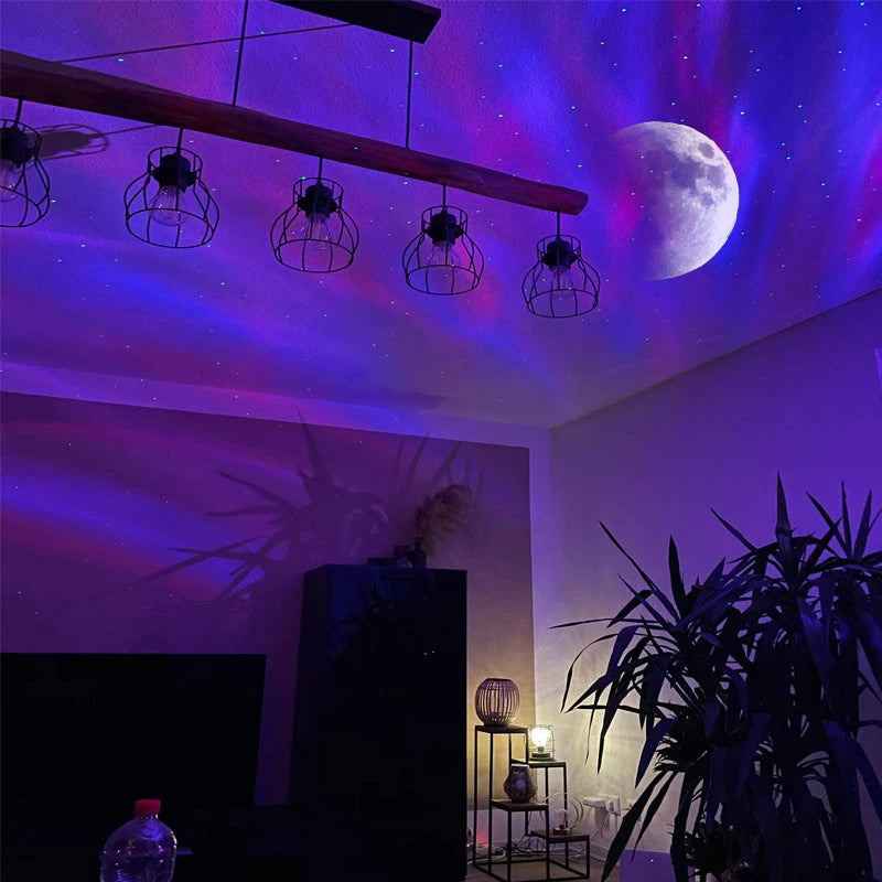 Multi-color aurora and moon projector for room ambience.