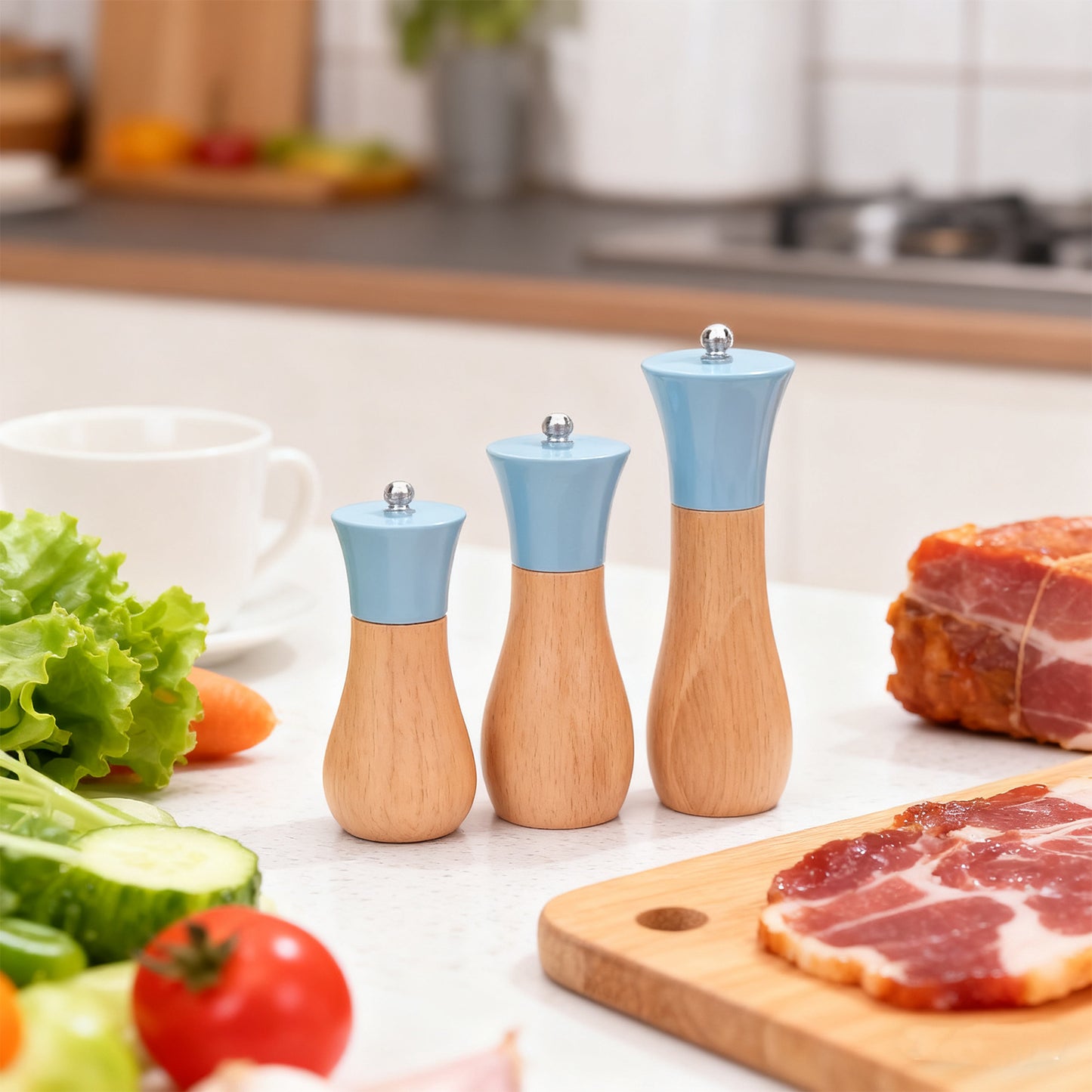 Seasoning Grinder – Premium Wooden Pepper & Salt Mill with Pastel Top (Adjustable Grind)