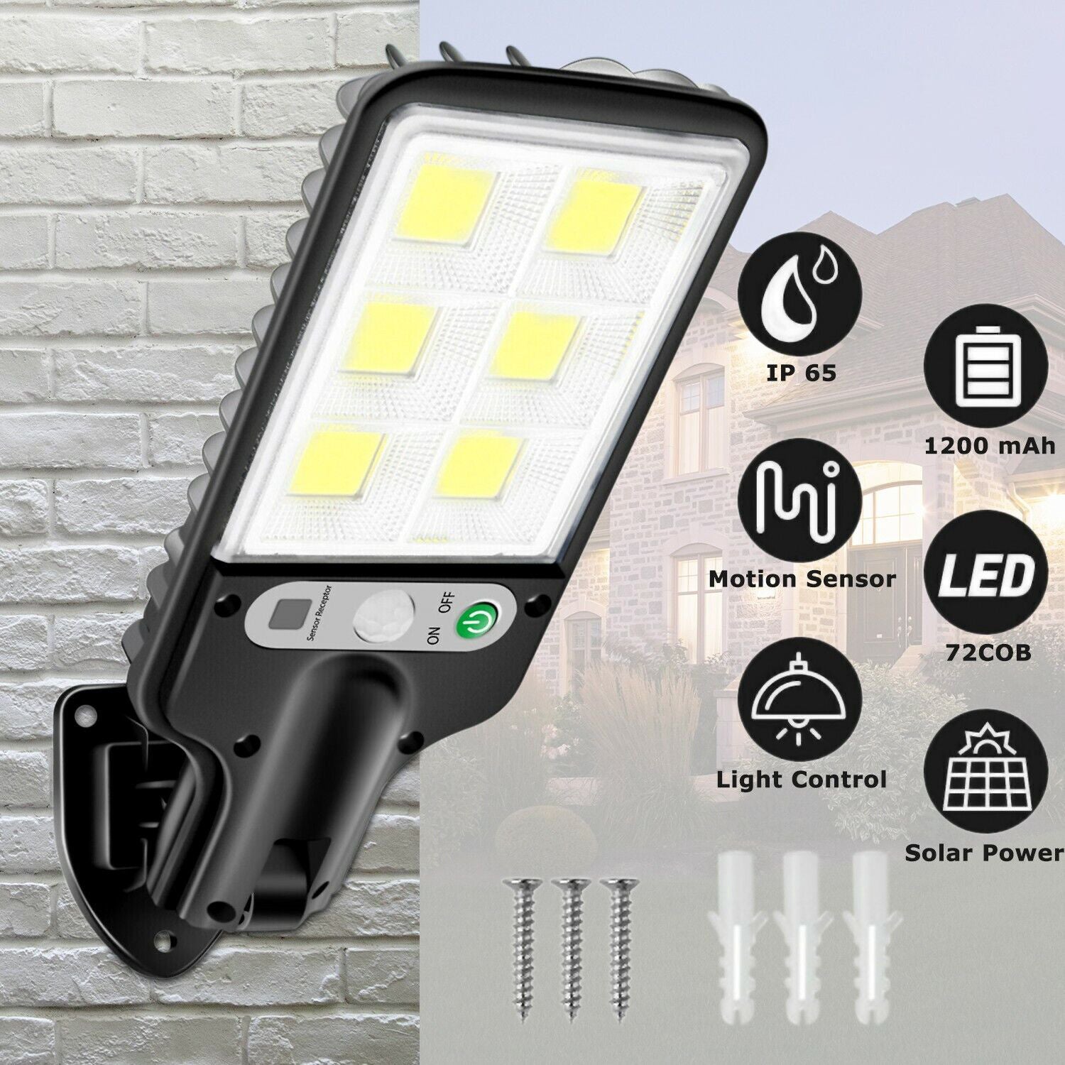 Outdoor Solar Motion Sensor LED Wall Light – waterproof garden security light, 72 LEDs, black.