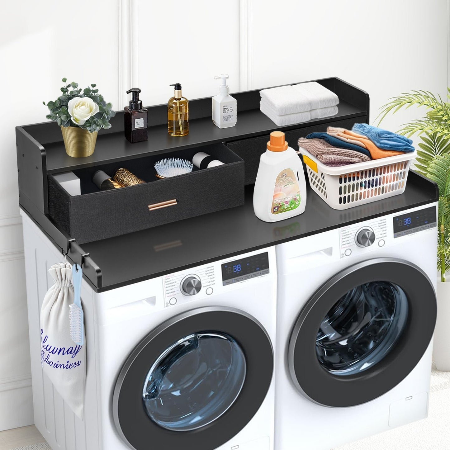 Washer and dryer wooden countertop with two storage drawers for laundry room organization