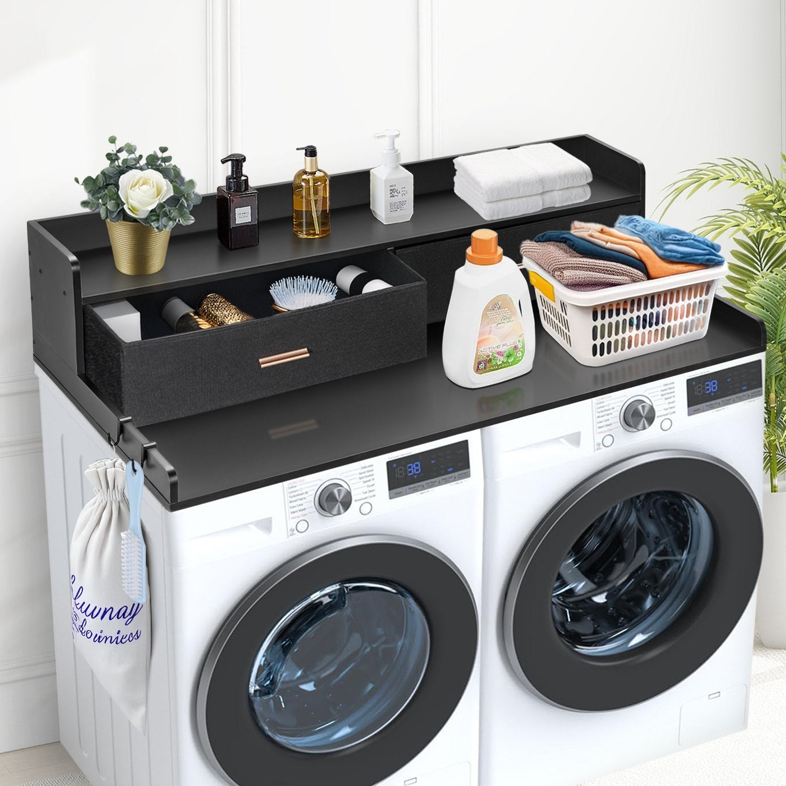 Washer and dryer wooden countertop with two storage drawers for laundry room organization