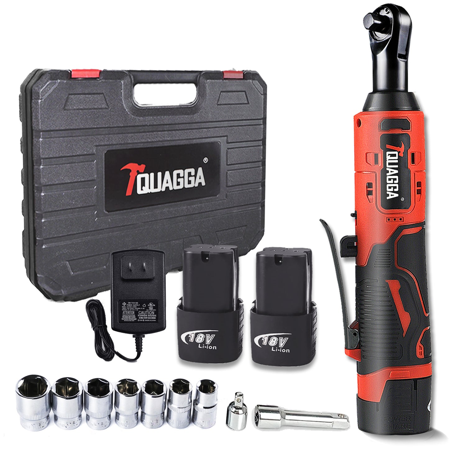 Cordless electric ratchet wrench set with two batteries and socket kit.