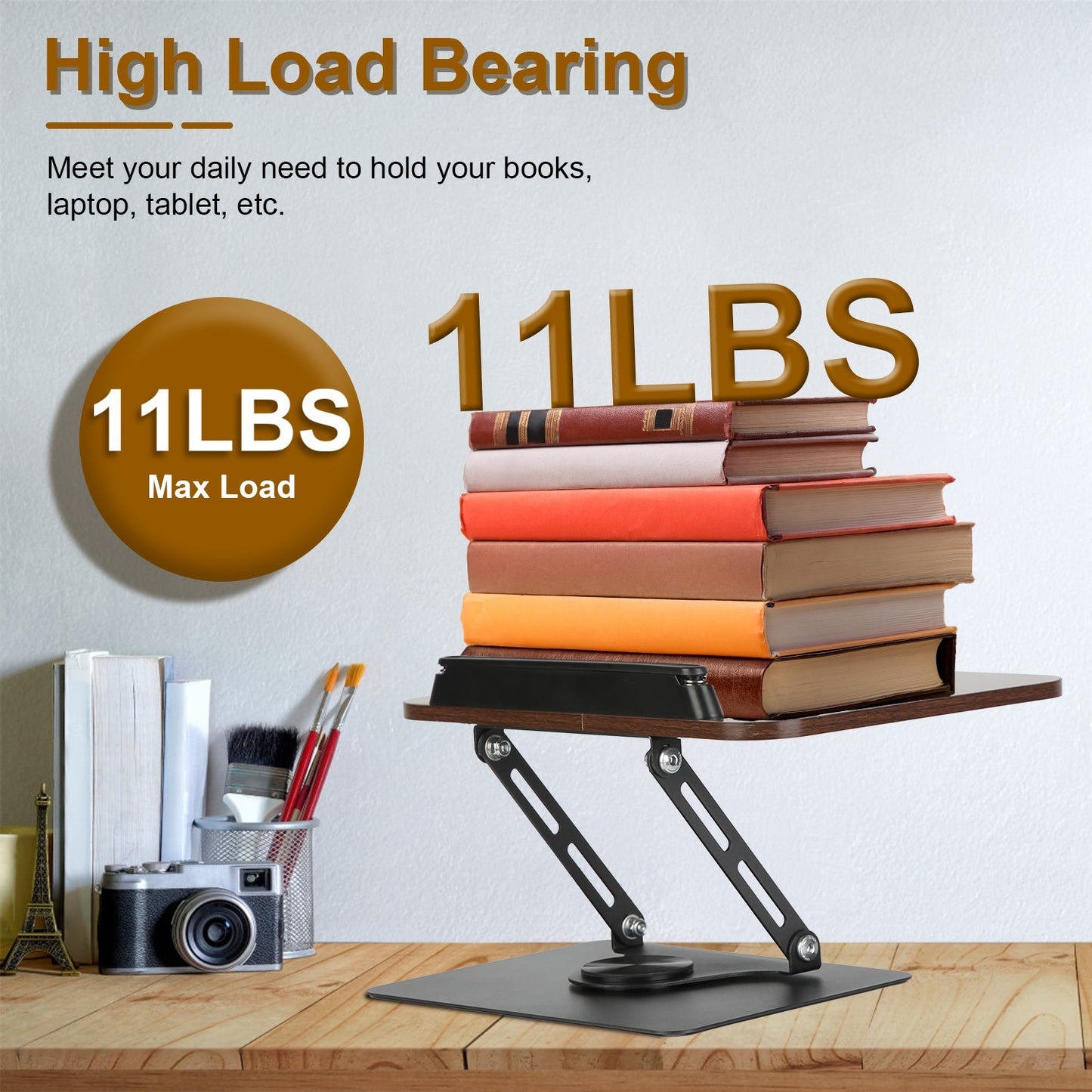 Adjustable Wood & Metal Book Stand – Foldable 360° Rotating Reading Holder for Books, Tablets & Laptops (Brown)
