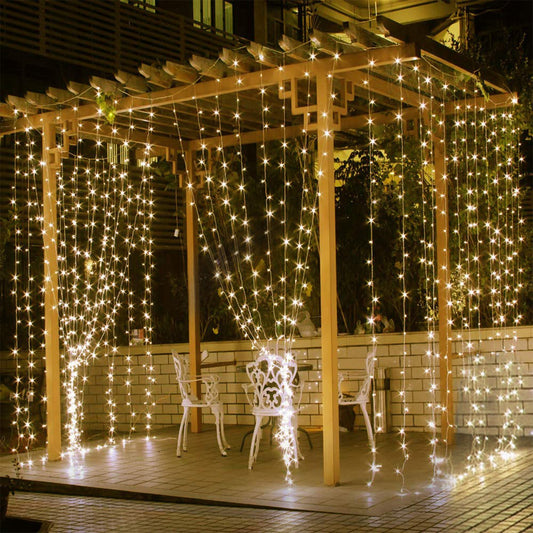 Warm White Curtain String Lights – 300 LEDs, 3m | 8 Modes (IP44 Waterproof)