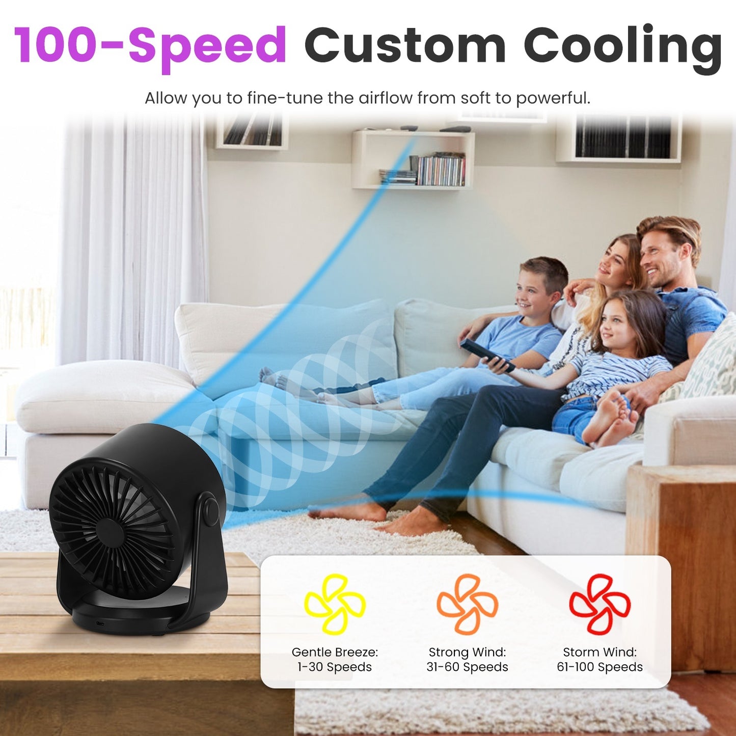 100-Speed Rechargeable Desk Fan – Silent Cooling Fan with LCD Display, 120° Tilt & Wall Mount Option (Purple)