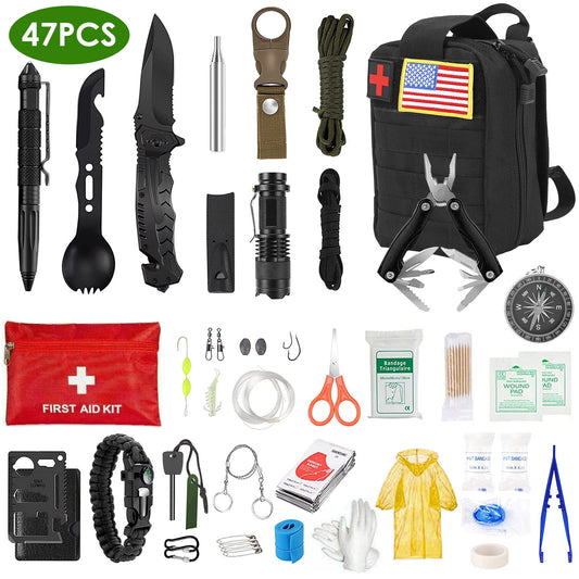 47-Piece Emergency Survival Kit – Complete Tactical & First Aid Outdoor Safety Set with Pouch