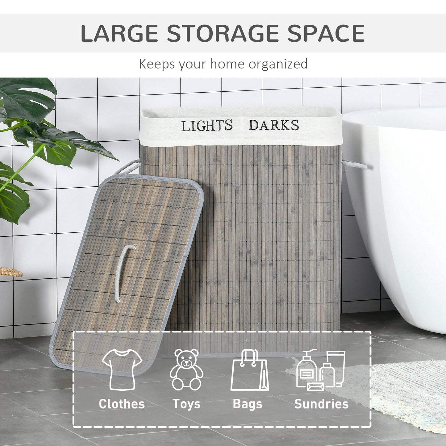 Bamboo Laundry Basket with Lid – Dual Compartment Collapsible Hamper (Gray)