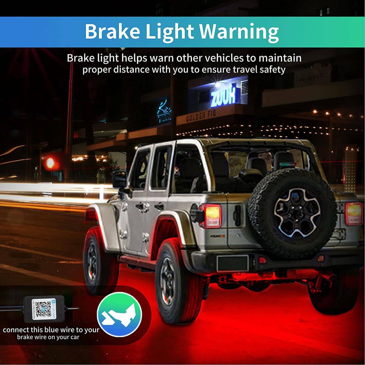 Smart Brake function — underglow LED turns red when car brakes