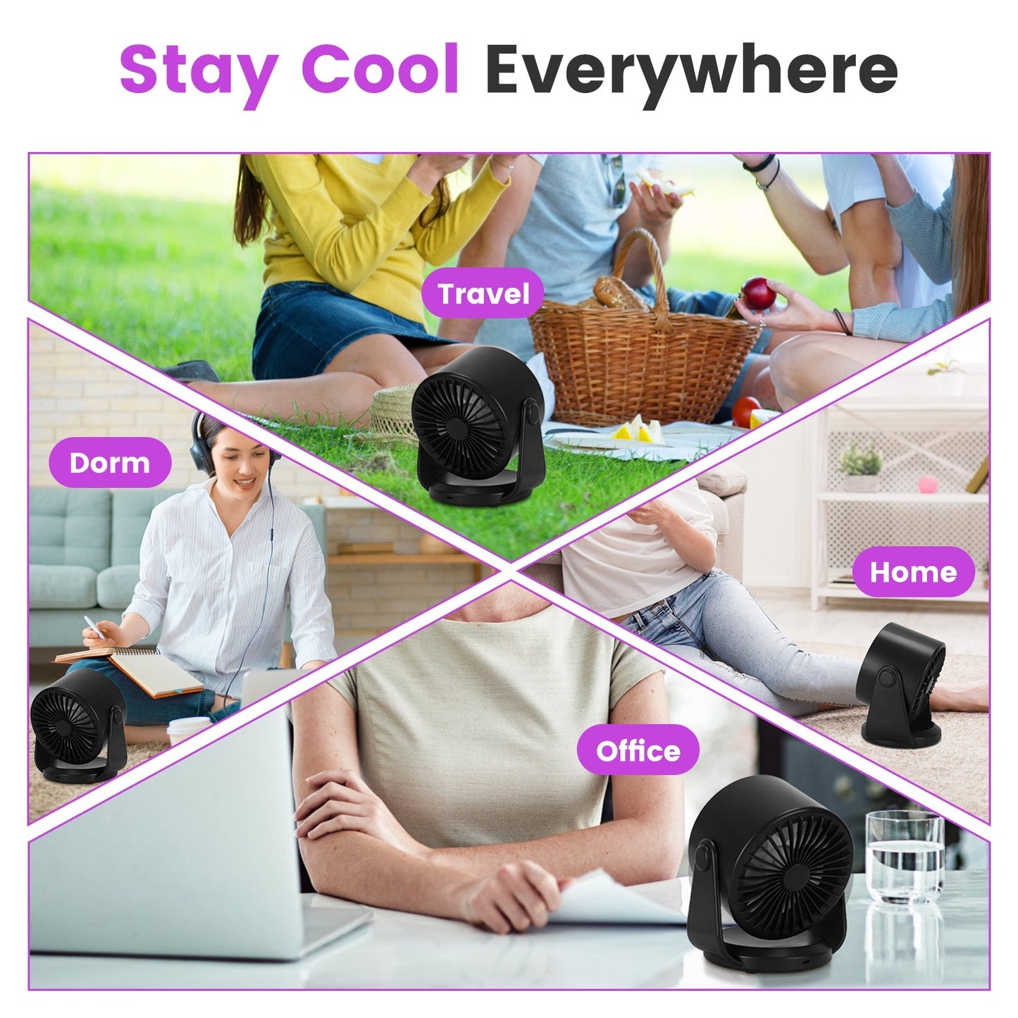 100-Speed Rechargeable Desk Fan – Silent Cooling Fan with LCD Display, 120° Tilt & Wall Mount Option (Purple)