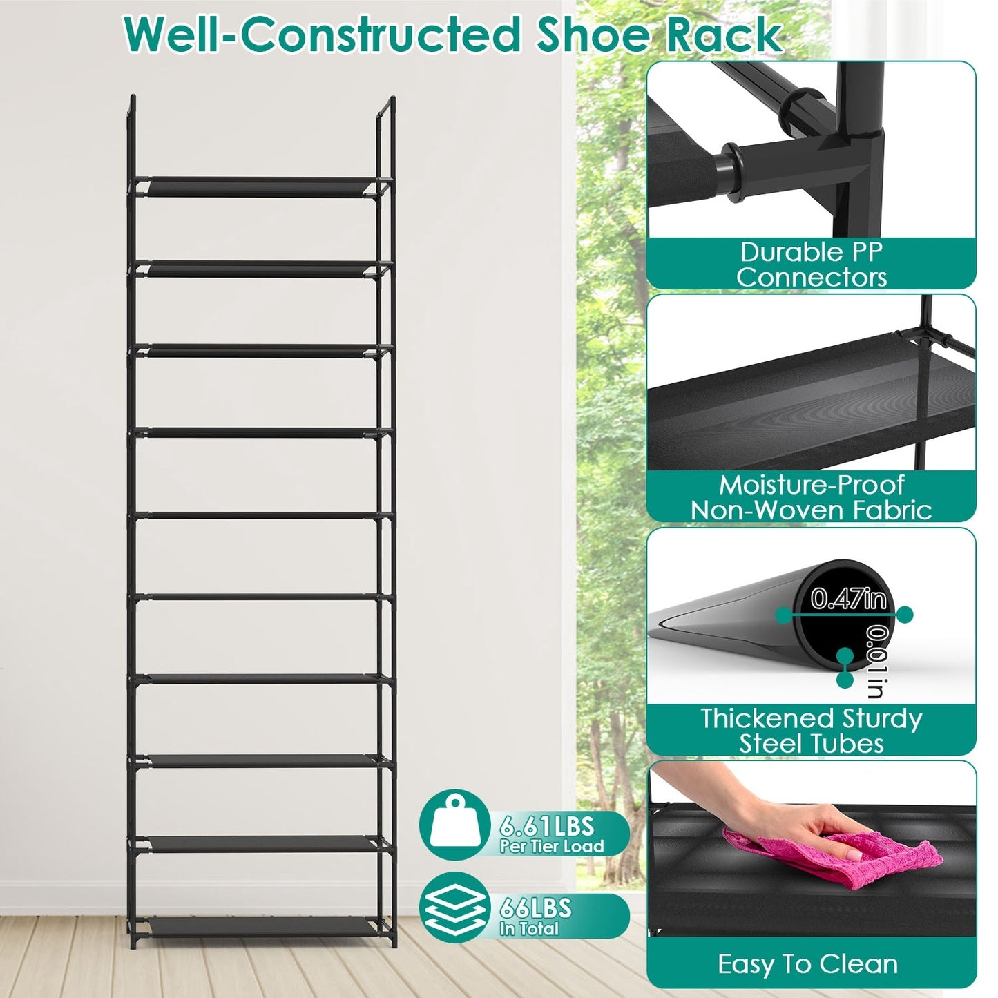 10-Tier Space-Saving Shoe Rack – Tall Vertical Organizer for 25–30 Pairs (Black)