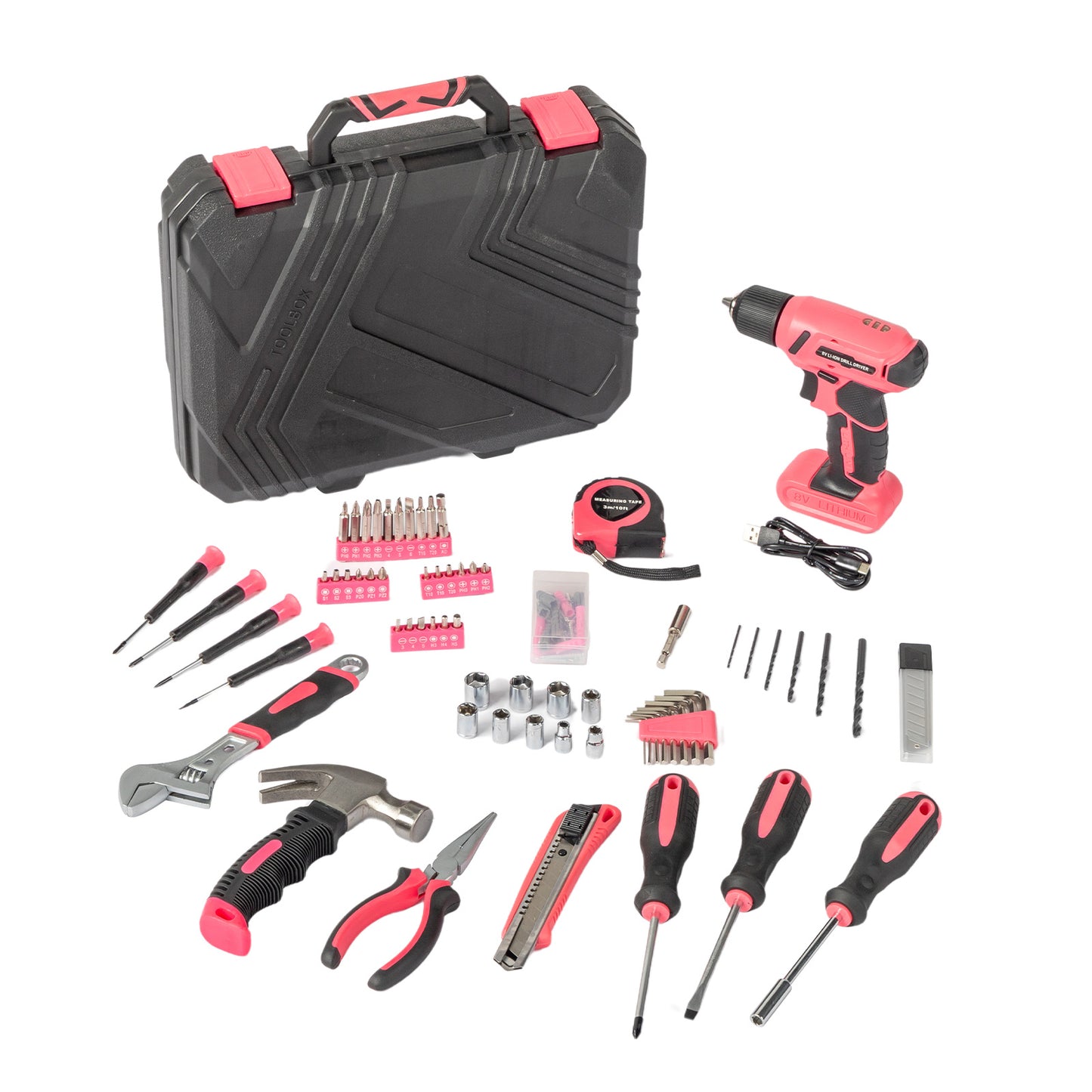 146-piece electric drill and home repair tool set with case