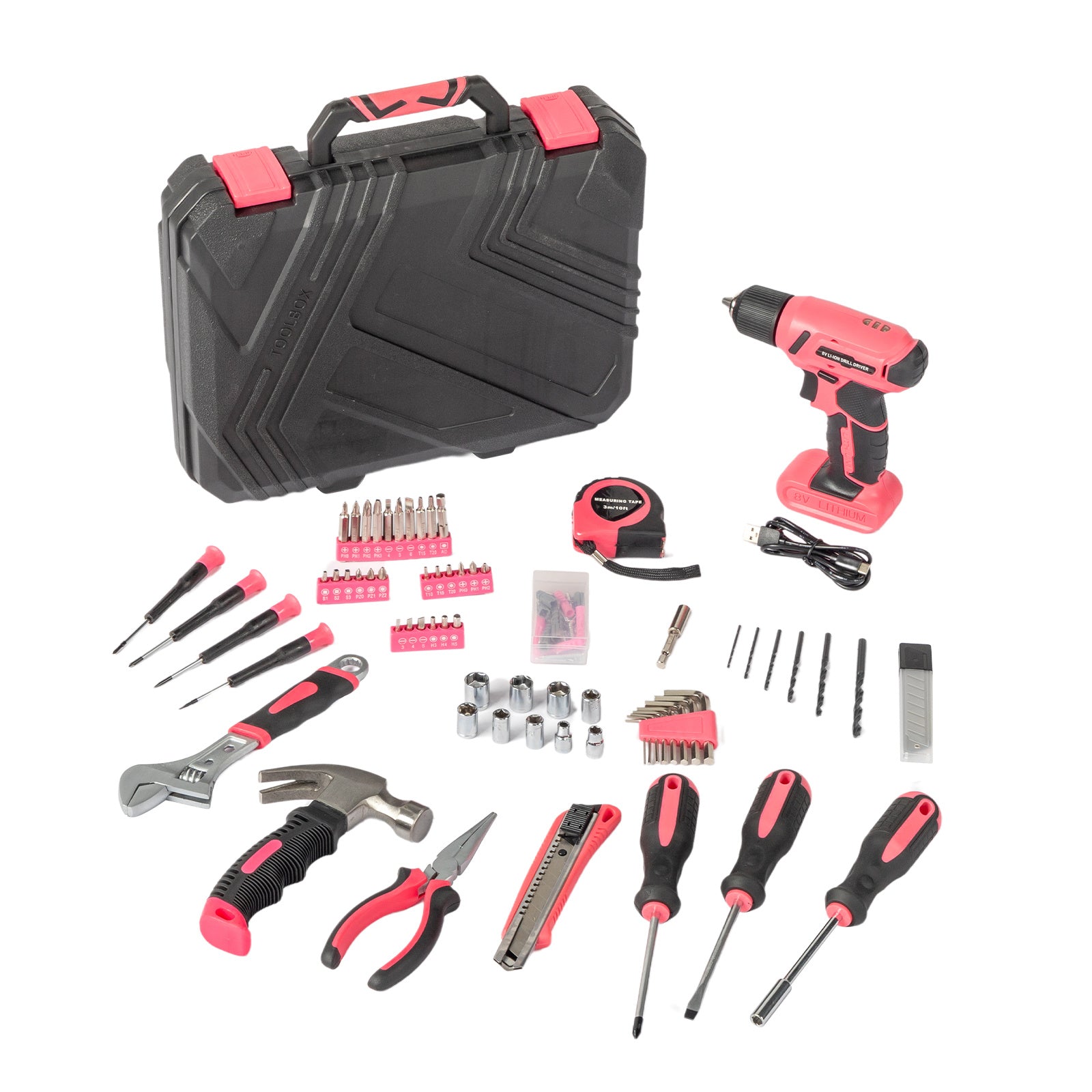 146-piece electric drill and home repair tool set with case