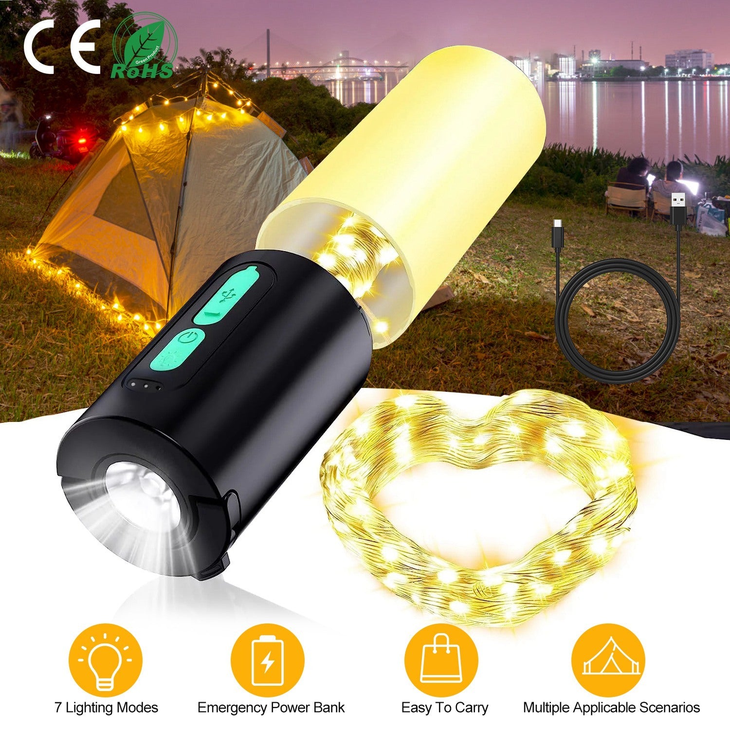 4-in-1 camping lantern with 33ft LED string lights and power bank