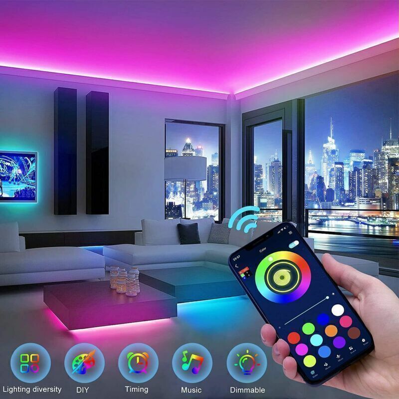 Bluetooth RGB LED strip lights with music sync, smart ambient lighting for gaming setup and TV backlight
