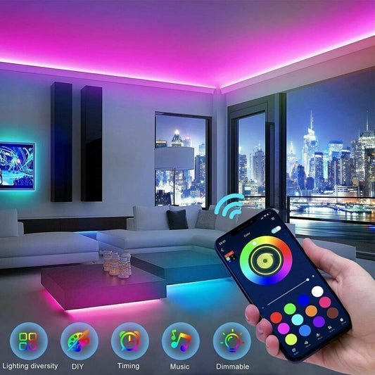 Bluetooth RGB LED Strip Lights — Music Sync + Remote — Flexible Smart Light Strip (US Plug)