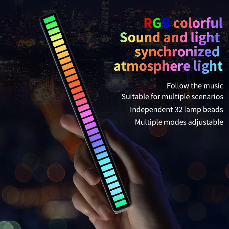 RGB sound-reactive LED light bar for car interior — 16 LEDs, APP control, Type-C power.