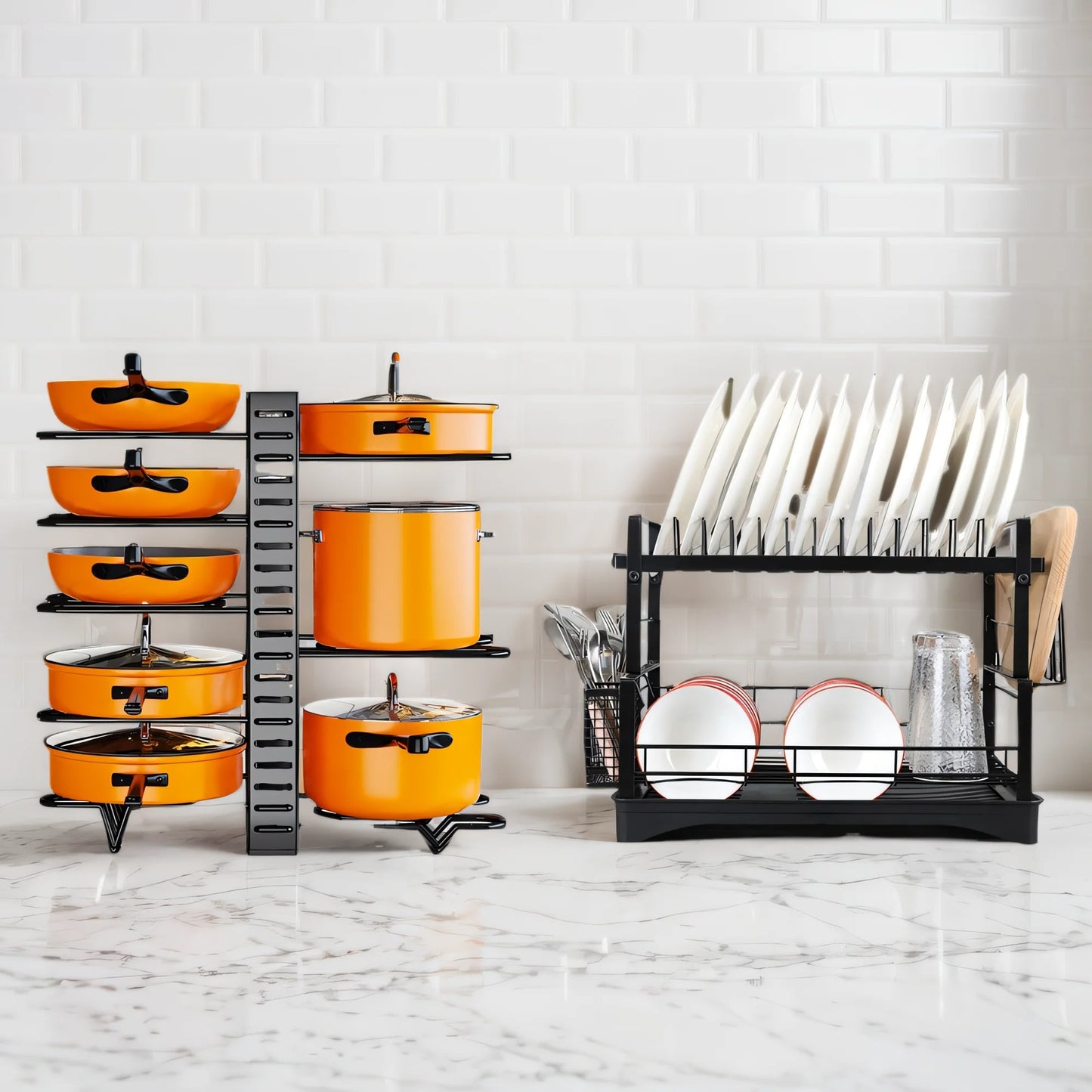 8-tier adjustable pot and pan organizer with dish rack