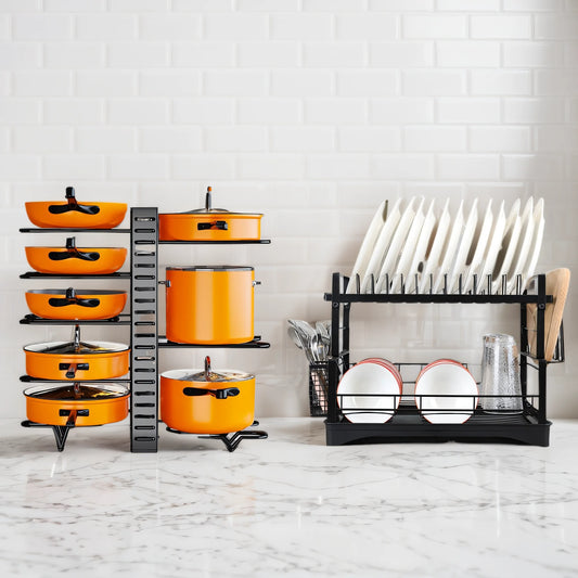 Upgraded 8-Tier Pot & Pan Organizer with Detachable Dish Drying Rack