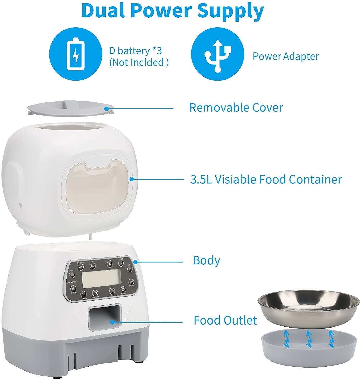 Pet Automatic Feeder – Fixed-Point Scheduled Feeding | Manual Button or Smart WiFi Control (White)