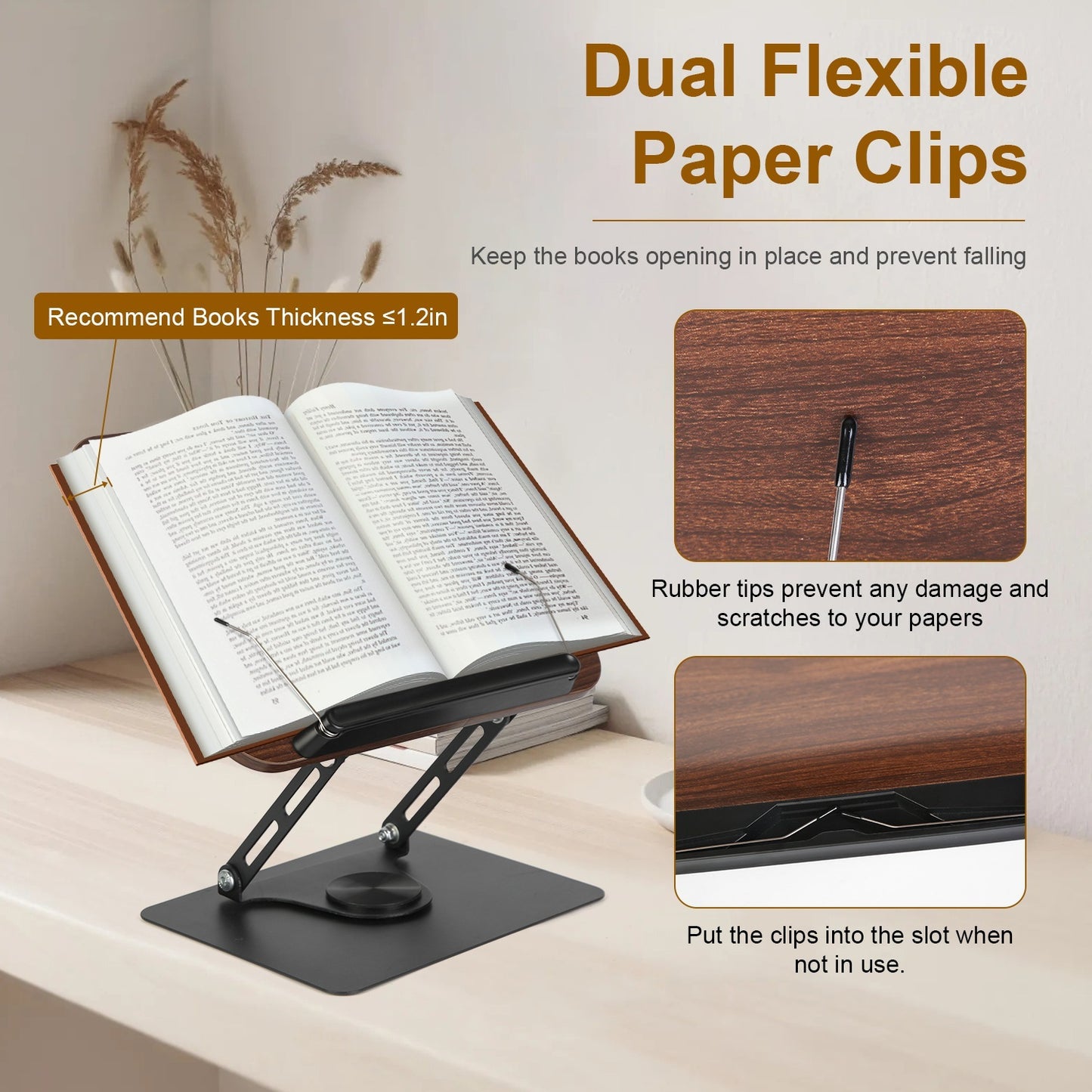 Adjustable Wood & Metal Book Stand – Foldable 360° Rotating Reading Holder for Books, Tablets & Laptops (Brown)