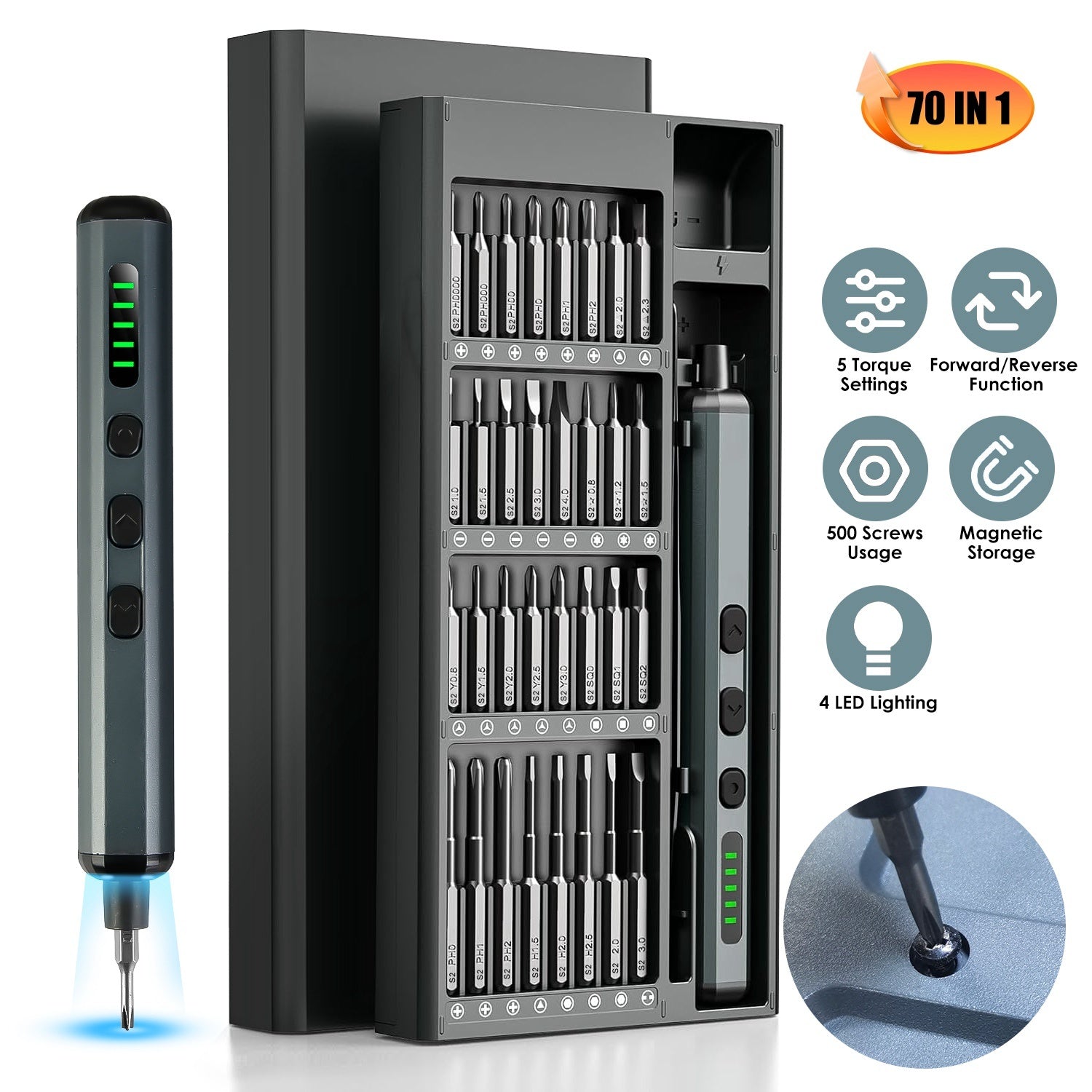 Electric 70-in-1 precision screwdriver kit with torque settings and magnetic S2 bits