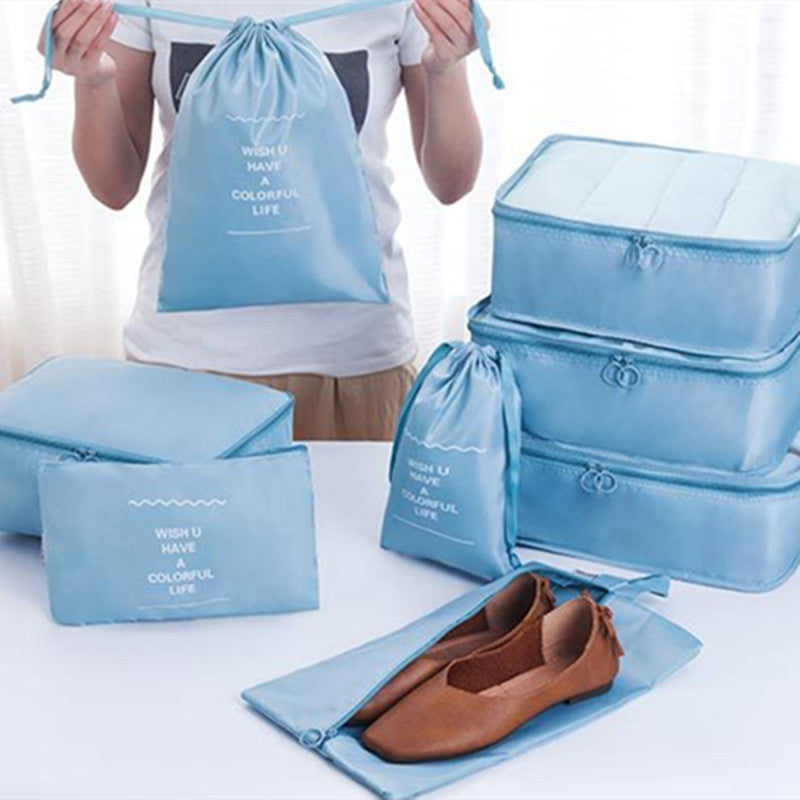 Waterproof Travel Buggy Bag – 9-Piece Clothing Organization & Storage Set (Beige / Lake Blue)