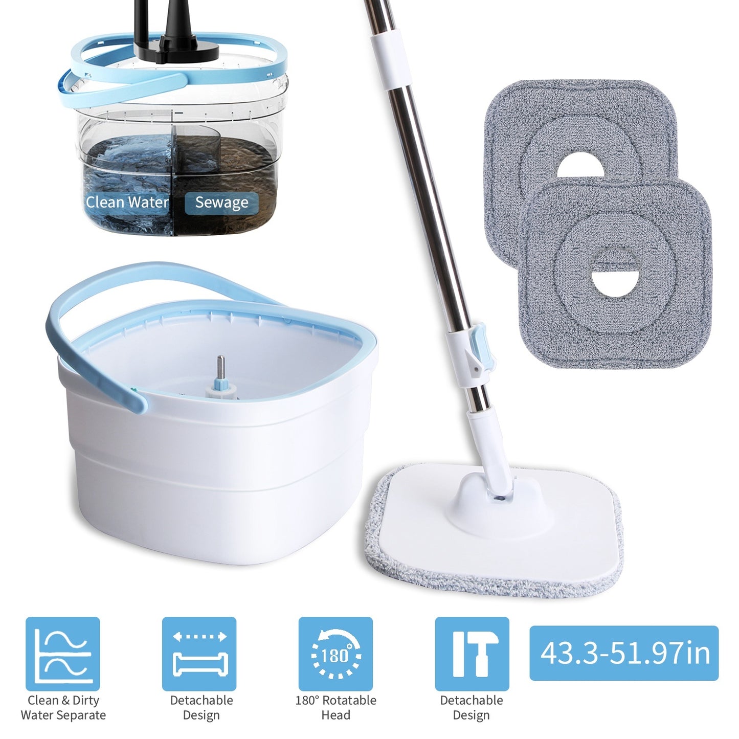 Spin Mop & Bucket With Clean & Dirty Water Separation System + 2 Reusable Microfiber Pads