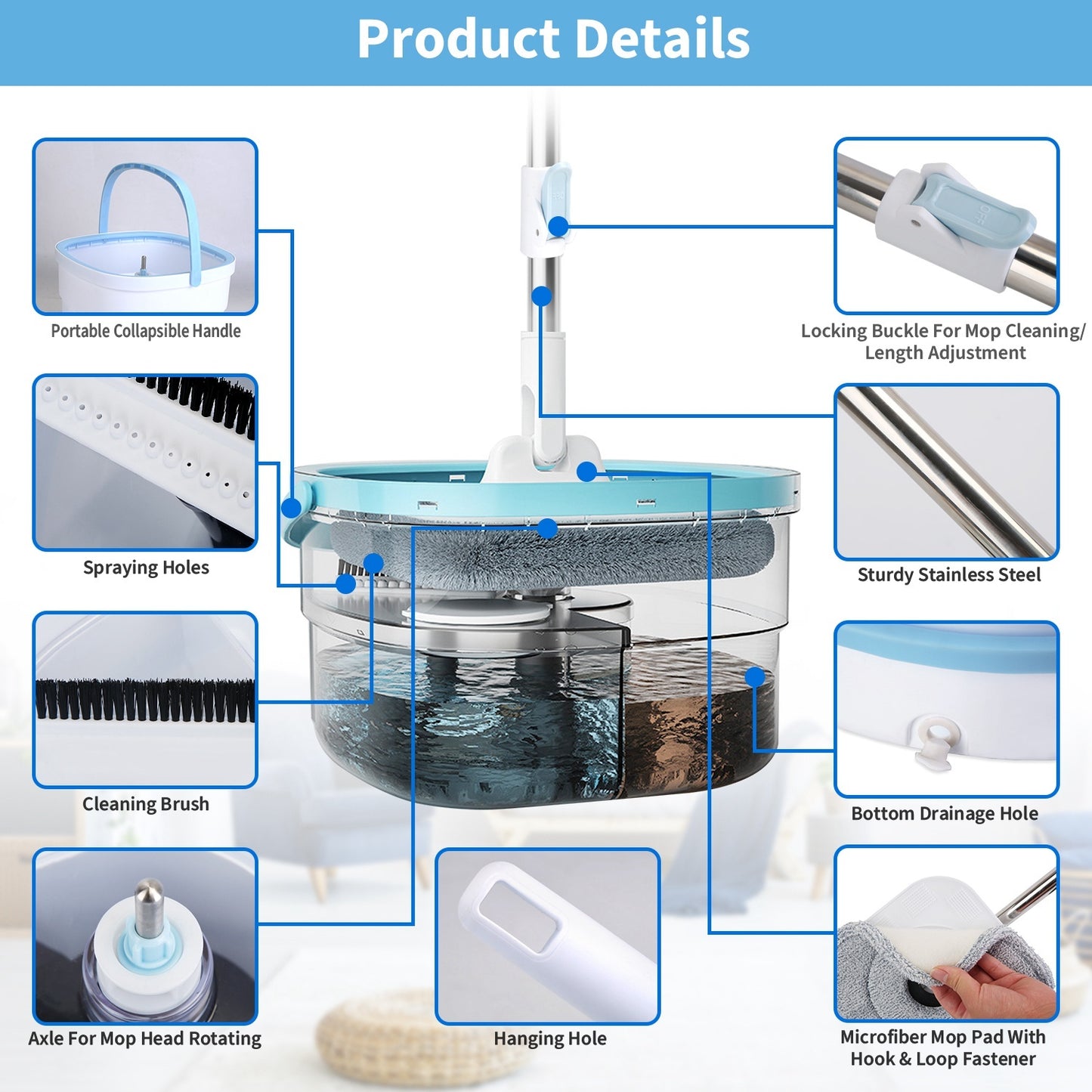 Spin Mop & Bucket With Clean & Dirty Water Separation System + 2 Reusable Microfiber Pads