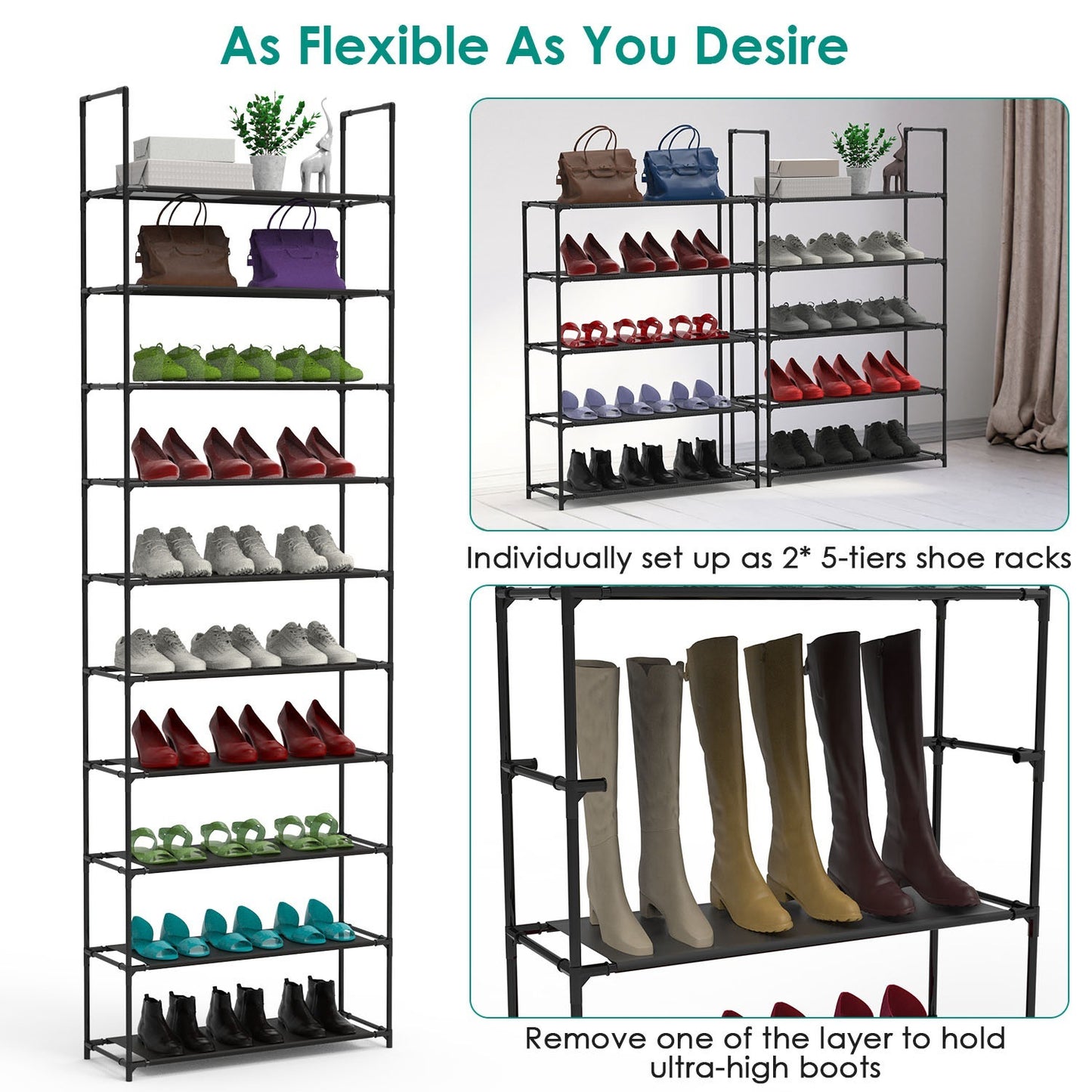 10-Tier Vertical Shoe Rack – Black Space-Saving Organizer