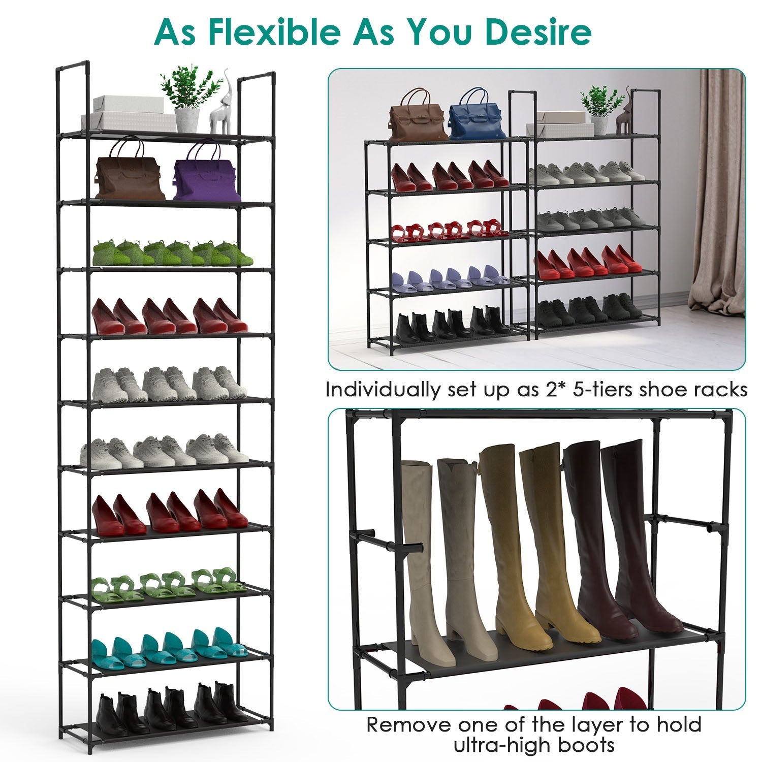 10-Tier Vertical Shoe Rack – Black Space-Saving Organizer