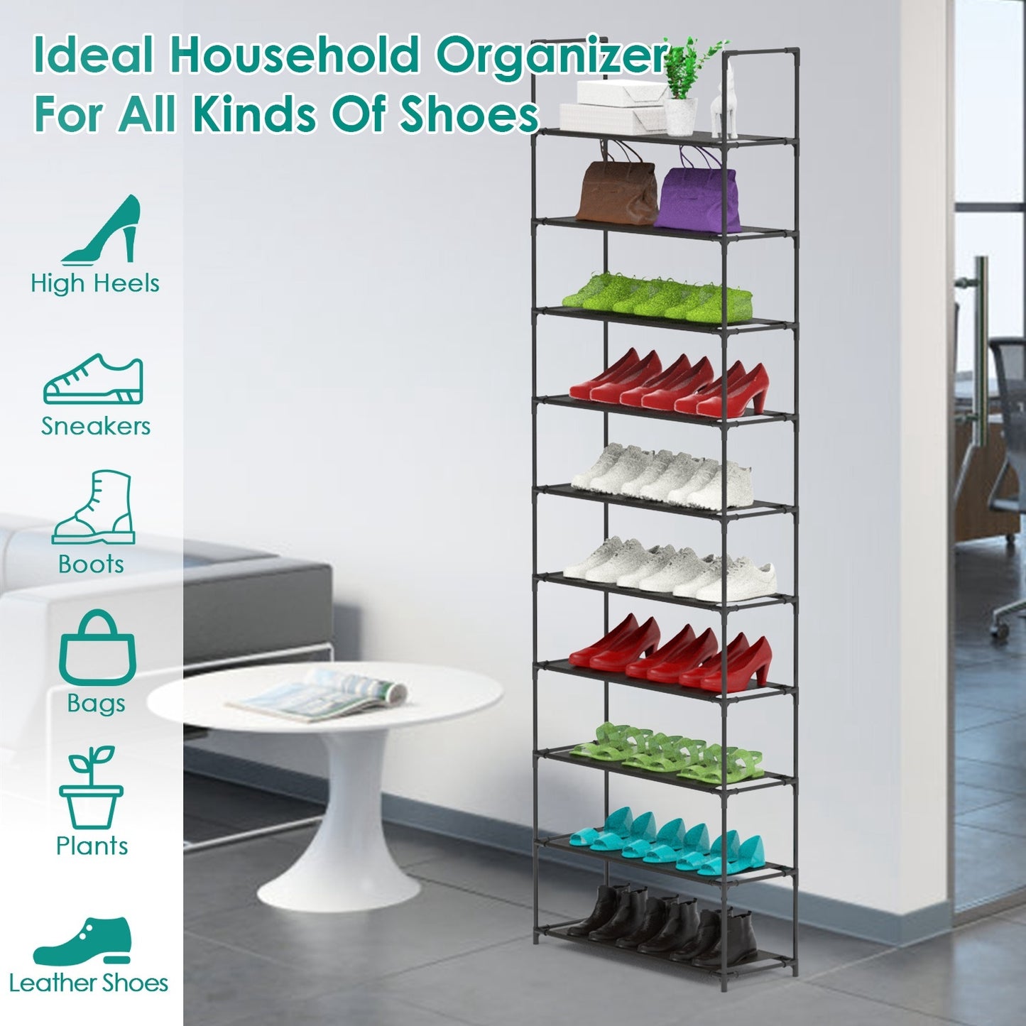 10-Tier Space-Saving Shoe Rack – Tall Vertical Organizer for 25–30 Pairs (Black)