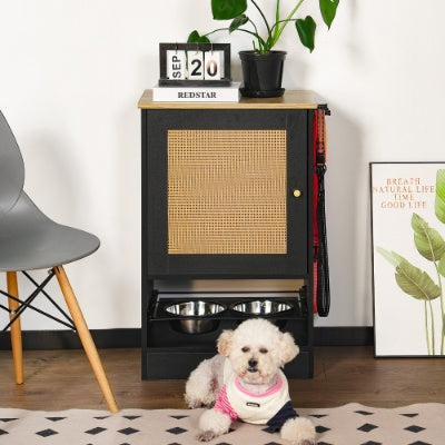 Feeding Station With 1 Storage Cabinets, Pet Feeding Station With 2 Elevated Dog Bowls, Side Hooks, Anti-tip Kit, Hidden Pet Feeder Station For Feeding  Watering, Black