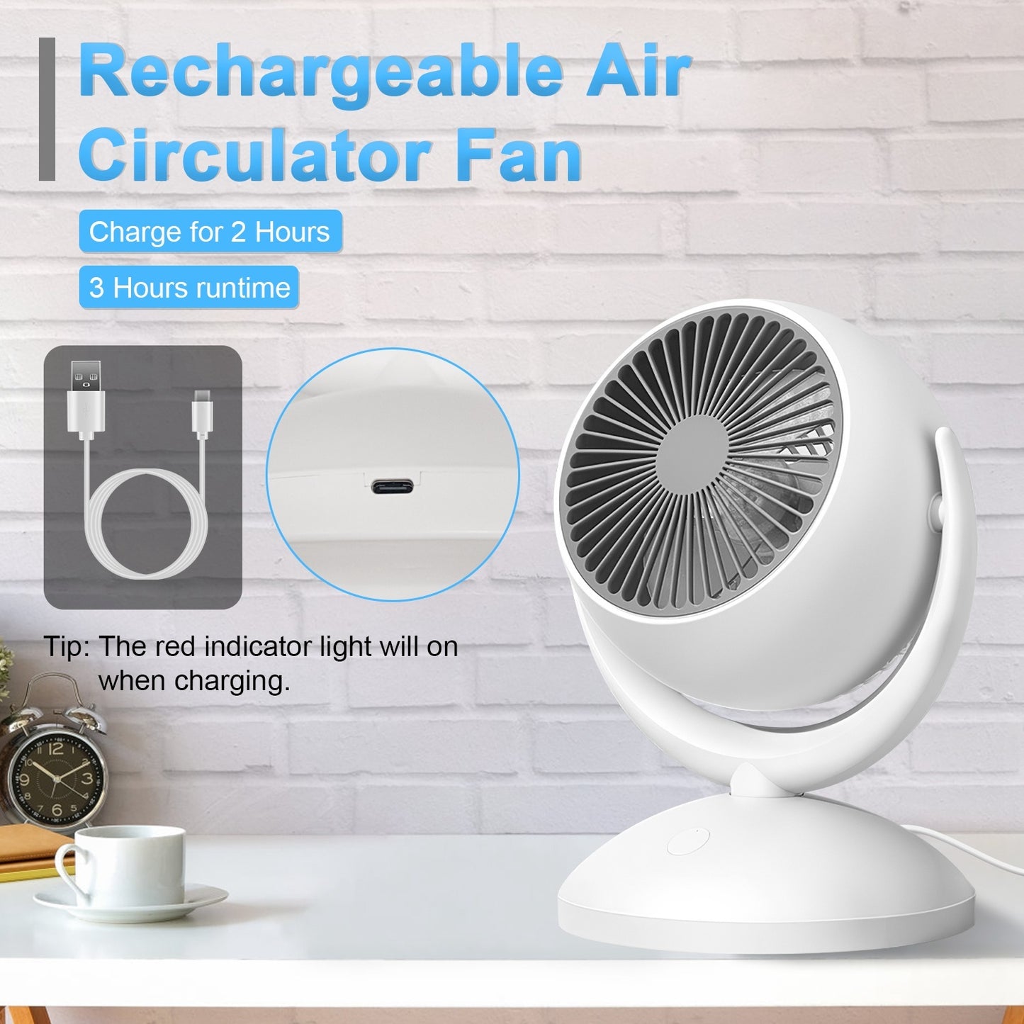 Air Circulator Desk Fan – Portable Rechargeable Oscillating Fan with 4 Speeds, 360° Tilt & Quiet 40 dB Operation (White)