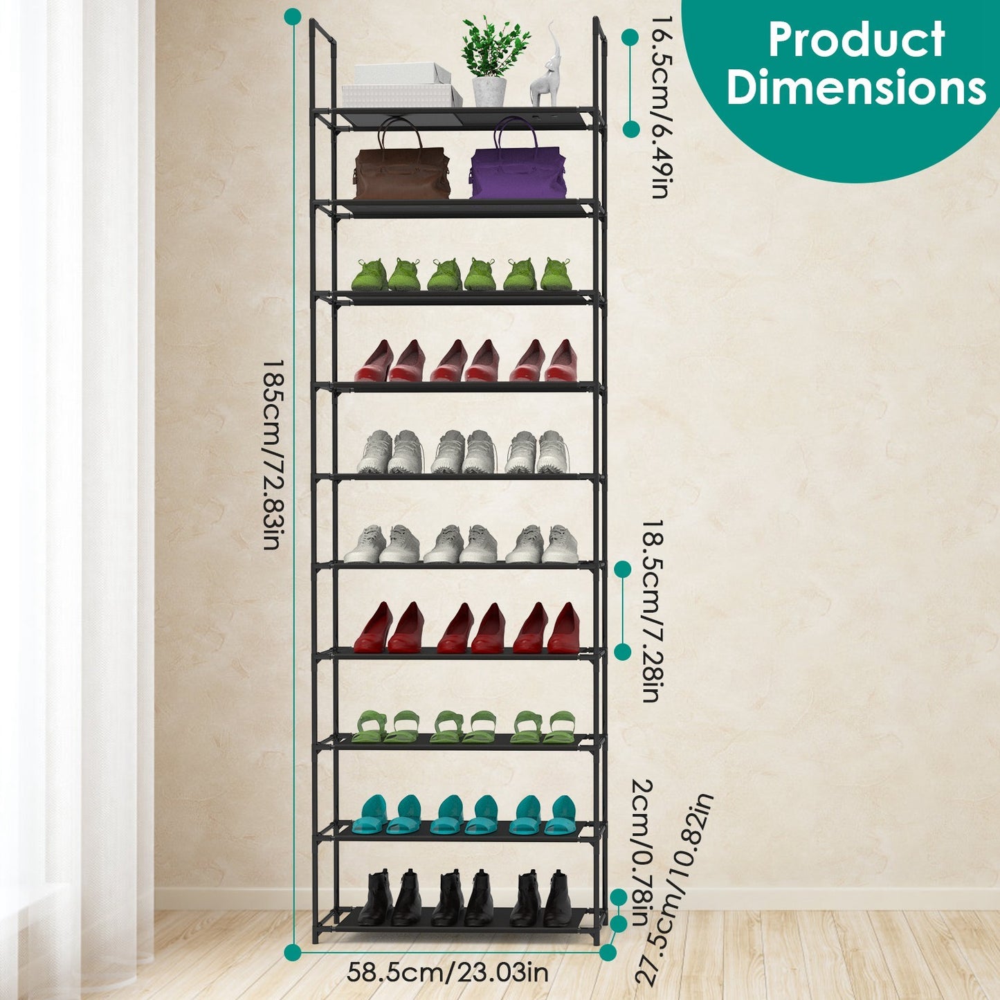10-Tier Space-Saving Shoe Rack – Tall Vertical Organizer for 25–30 Pairs (Black)