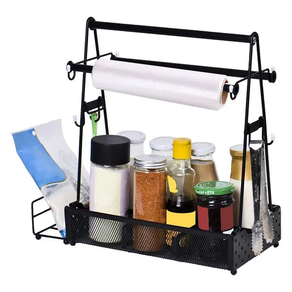 Black metal grill caddy with paper towel holder and utensil storage — outdoor BBQ organizer
