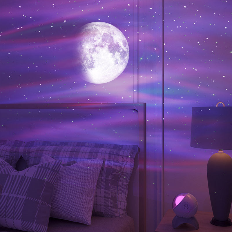 Aurora projector lamp creating soft galaxy and aurora lights in bedroom.