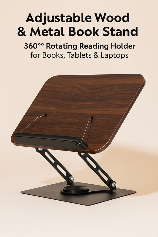 Adjustable Wood & Metal Book Stand – Foldable 360° Rotating Reading Holder for Books, Tablets & Laptops (Brown)