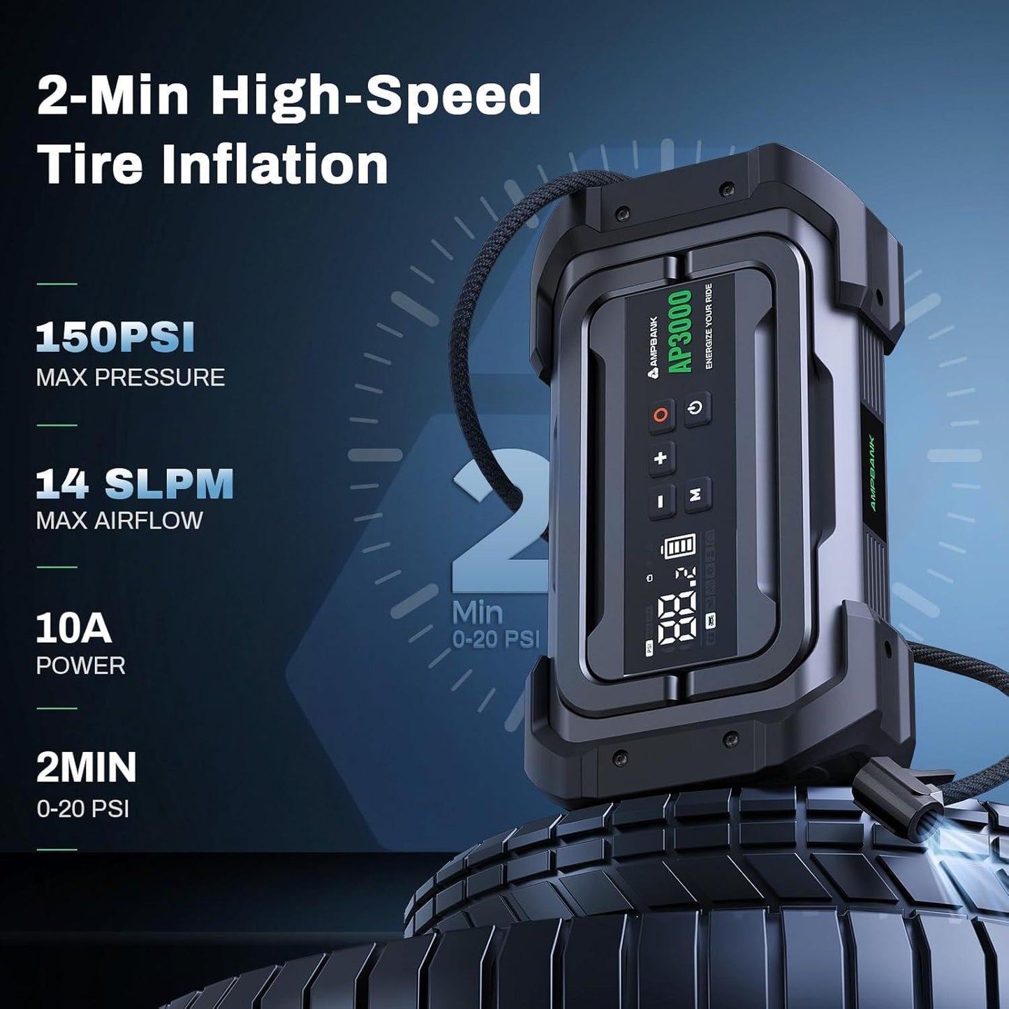 3000A Portable Car Jump Starter with 150 PSI Tire Inflator – Digital Display, LED Emergency Light, PD45W Fast Charging