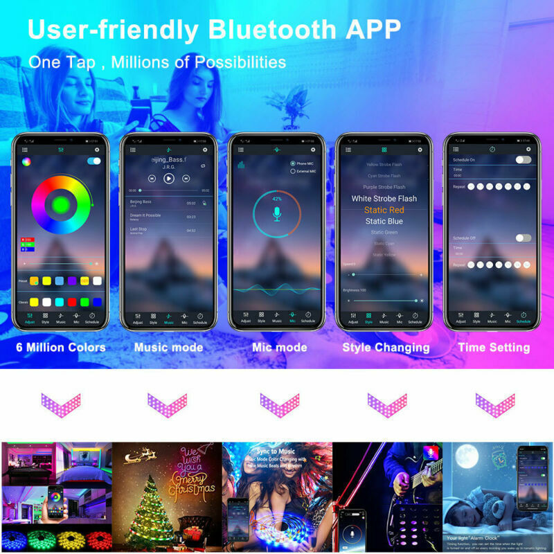 Bluetooth RGB LED Strip Lights — Music Sync + Remote — Flexible Smart Light Strip (US Plug)