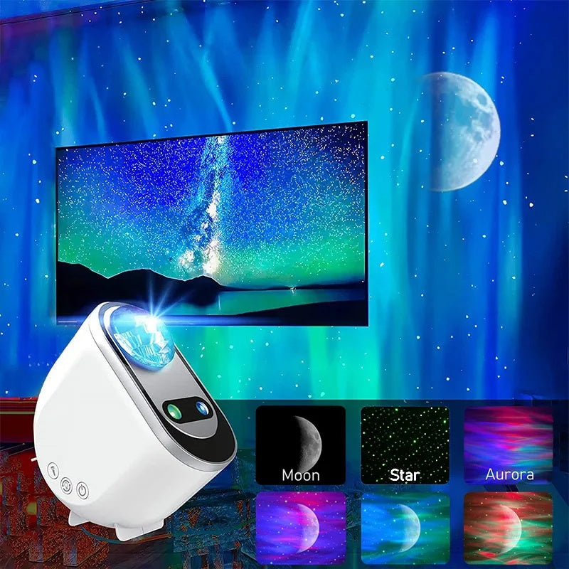 Aurora Borealis star projector lamp with northern lights, moon and green stars