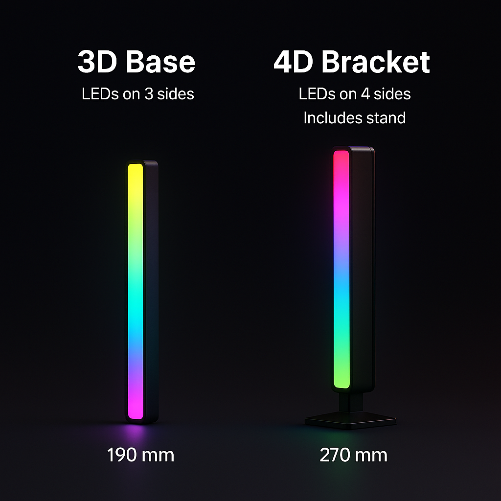 Before and after comparison showing desk setup without lighting versus RGB ambient light bars with vibrant colors.
