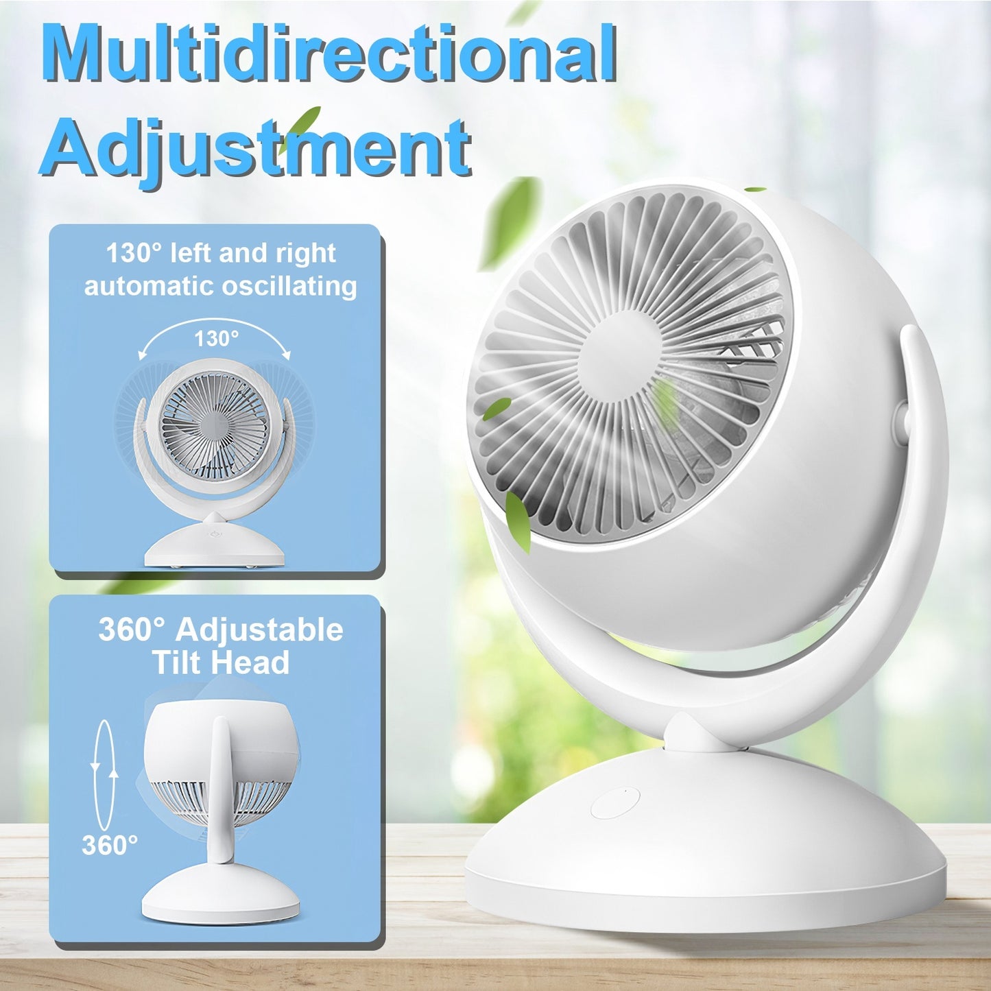 Air Circulator Desk Fan – Portable Rechargeable Oscillating Fan with 4 Speeds, 360° Tilt & Quiet 40 dB Operation (White)