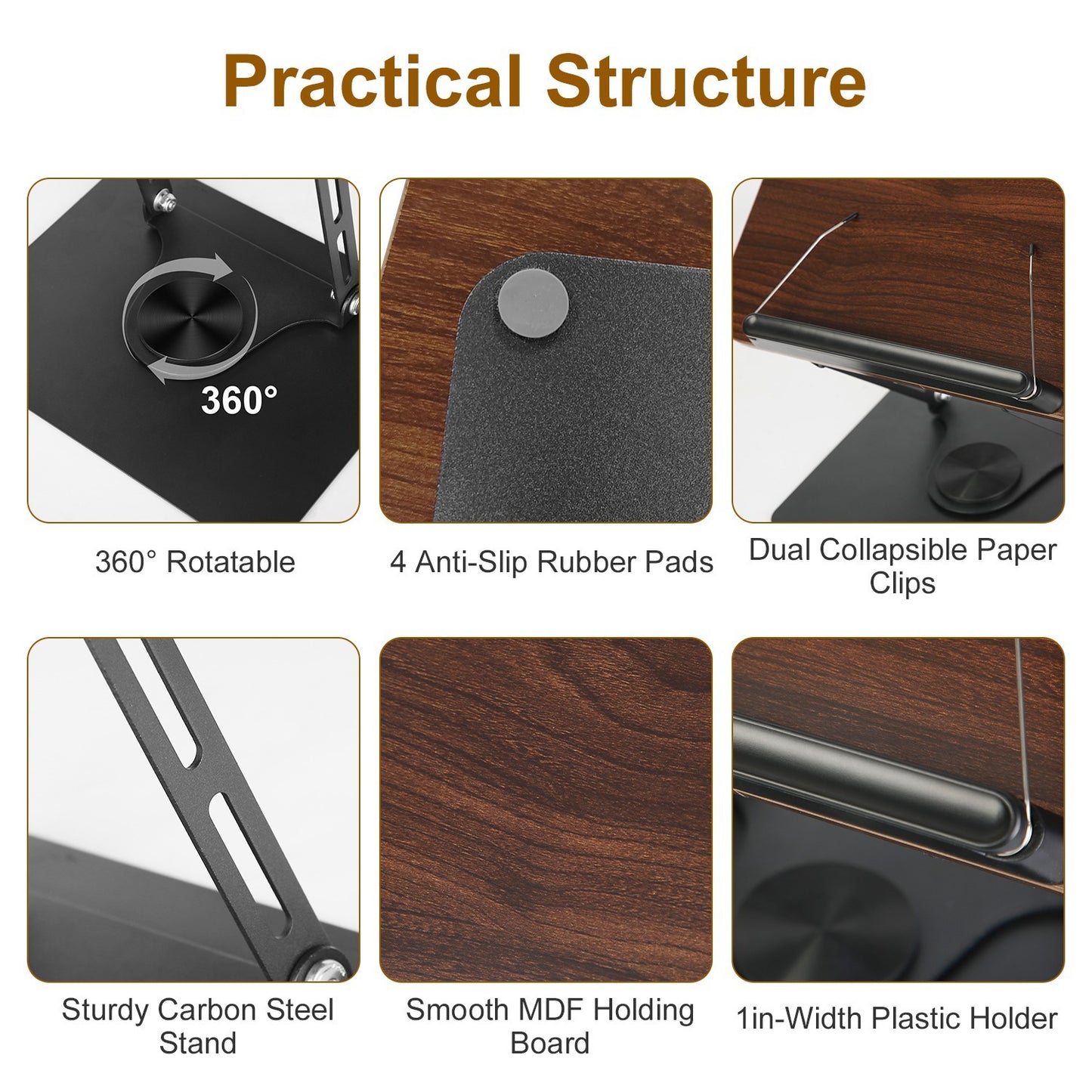 Adjustable Wood & Metal Book Stand – Foldable 360° Rotating Reading Holder for Books, Tablets & Laptops (Brown)