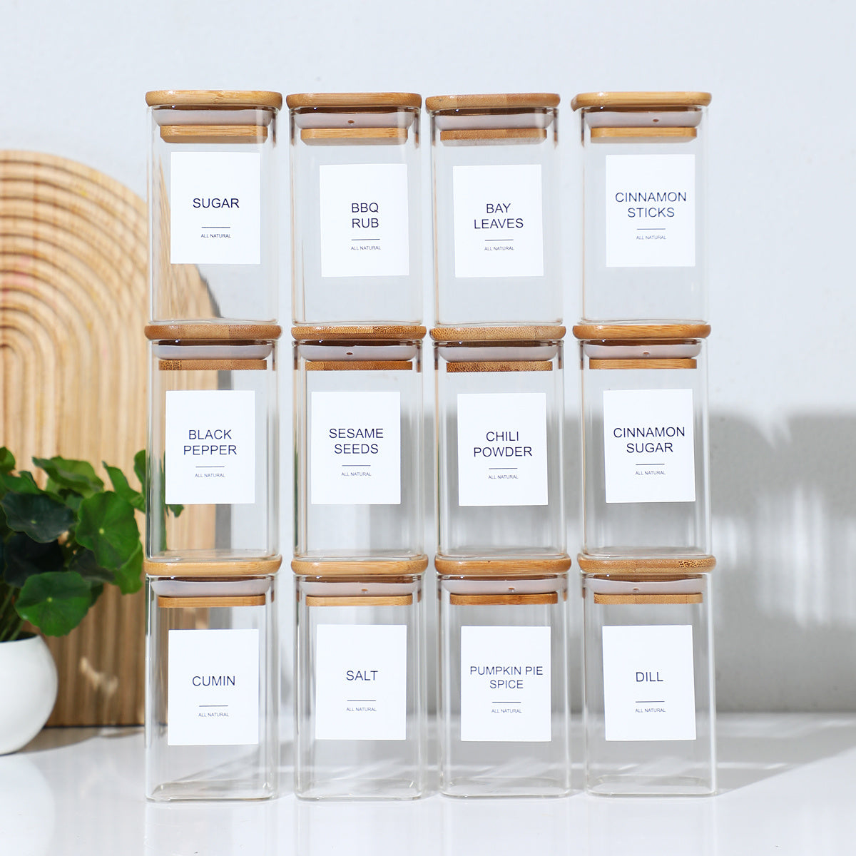 12PCS square glass spice jars with bamboo lids and labels for kitchen organization