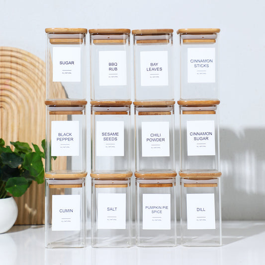 12PCS Square Spice Jars With Labels – High-Borosilicate Glass (240ml)