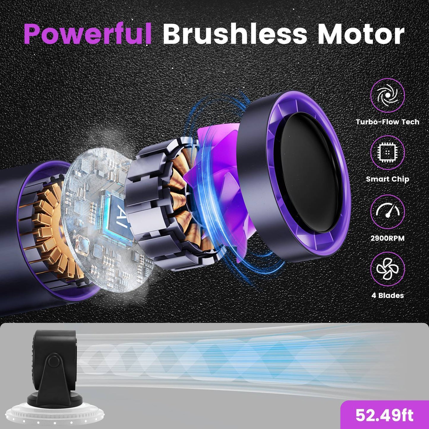 100-Speed Rechargeable Desk Fan – Silent Cooling Fan with LCD Display, 120° Tilt & Wall Mount Option (Purple)