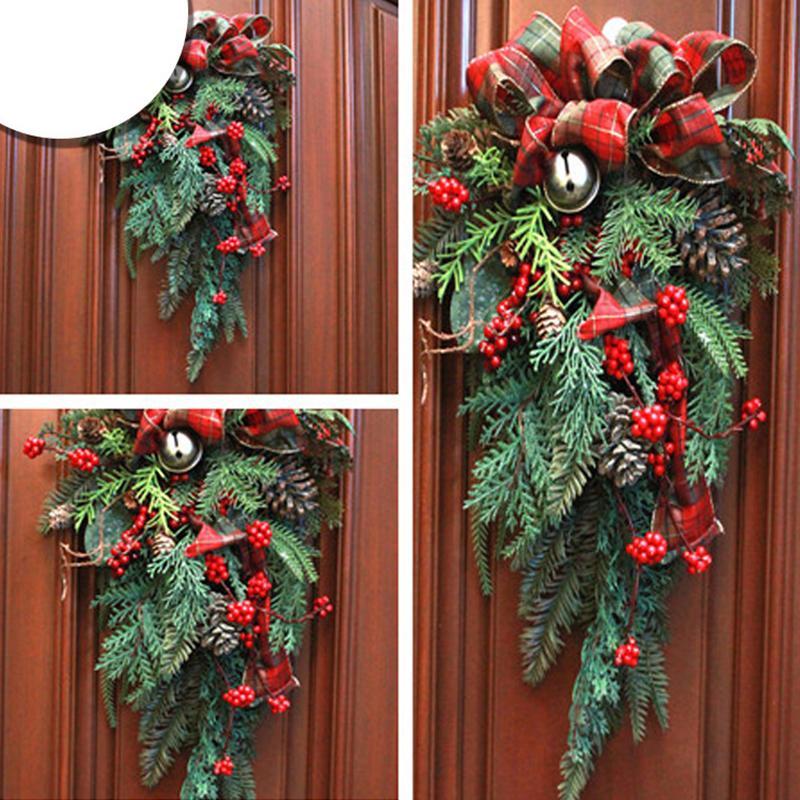 Christmas Door Hanging – Holiday Ribbon Swag With Bells & Berries (21.26 in)